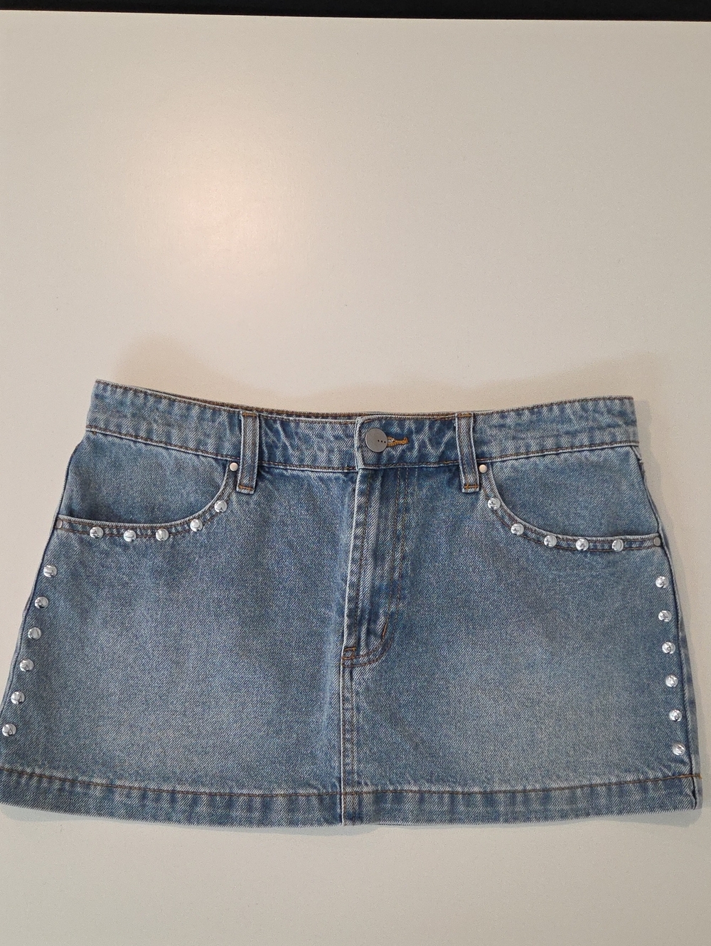 Tgla Light Blue Denim Jean micro Mini Skirt Silver Stud Biker indie Y2k